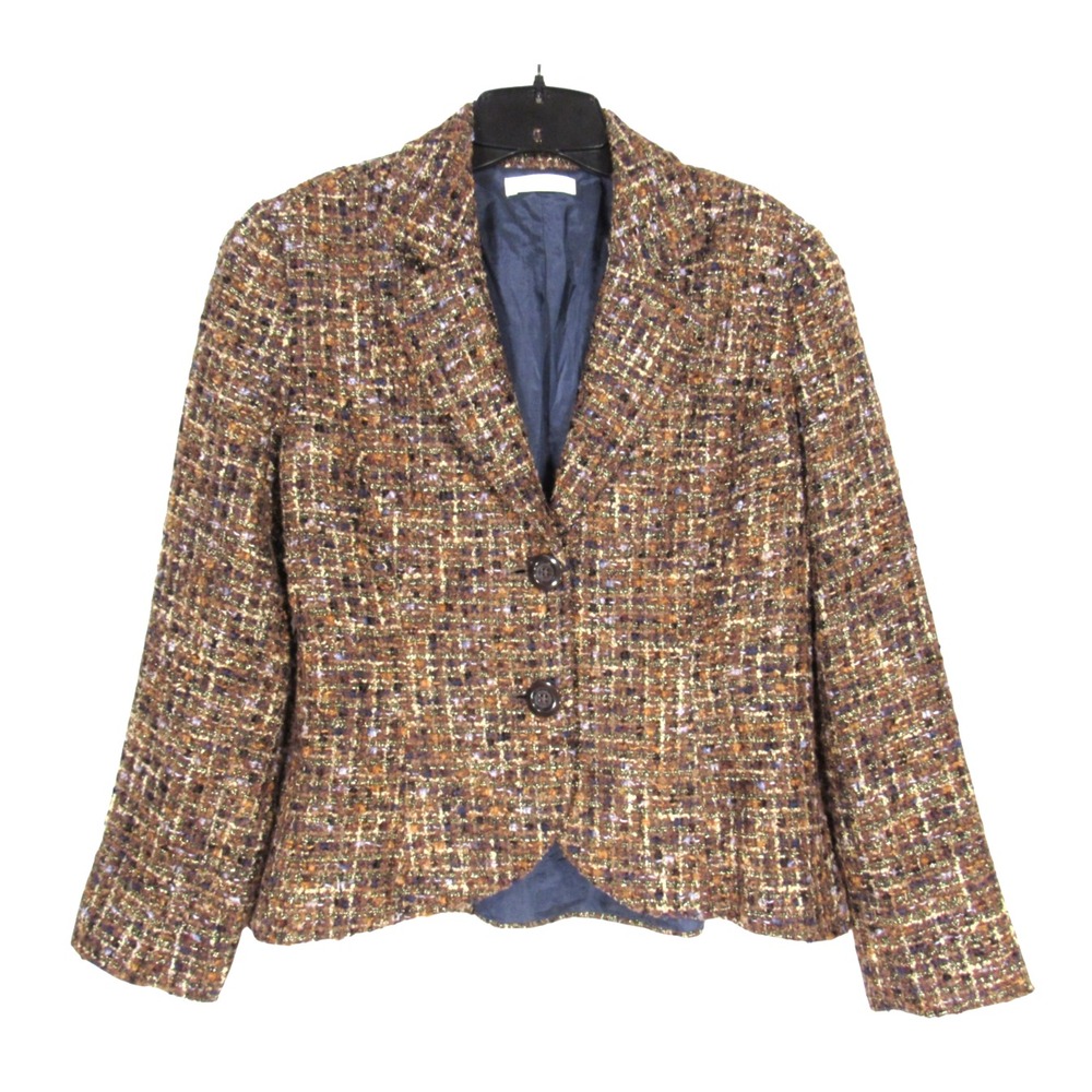 COLDWATER CREEK PETITE Brown/Gold Metallic/Blue BOUCLE TWEED Button-Up Sz 12P